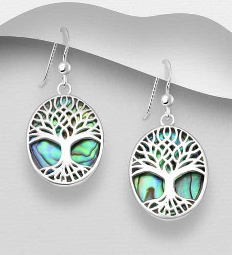 925 Sterling Silver Oval Tree Of Life Earrings Stone Set With Abalone Shell